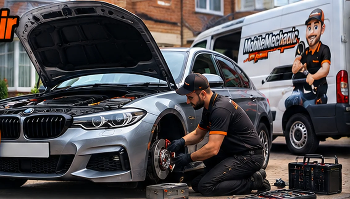 Mobile mechanic carrying out repairs on a car in a driveway